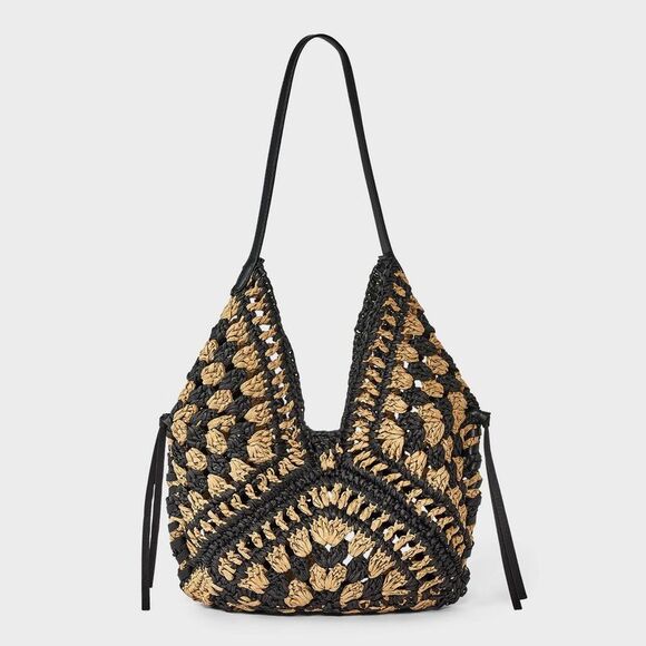 Universal Thread Handbags - Straw Crochet Tassel Shoulder Bag - Natural/Black